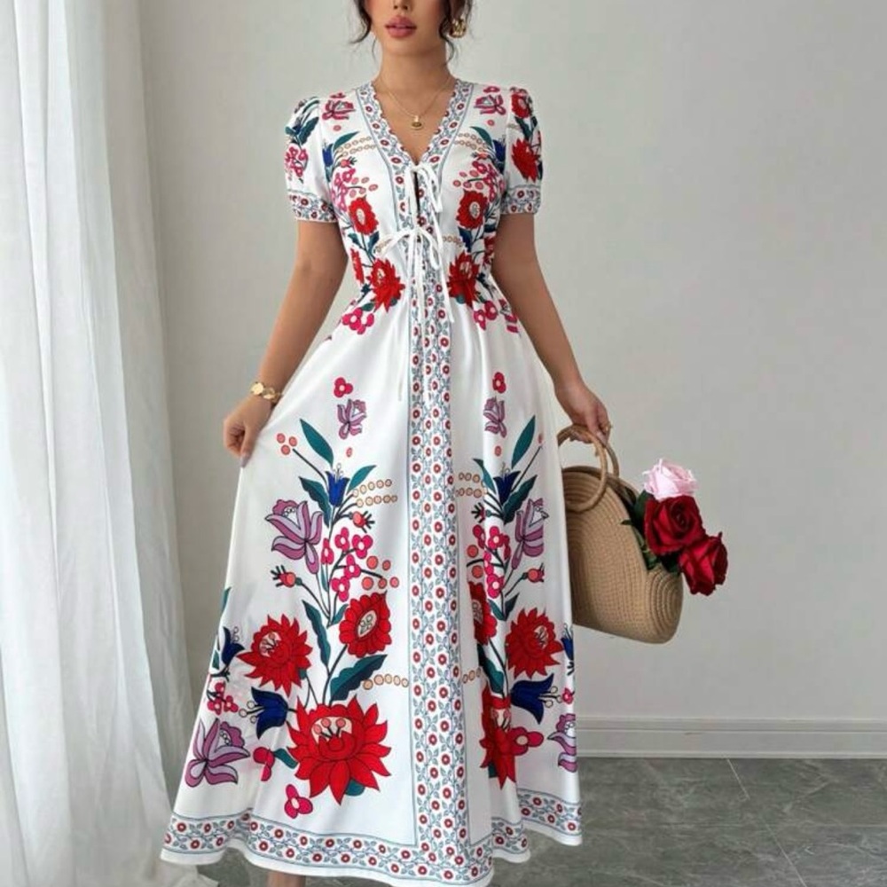 Elegant Floral Maxi Dress - White and Red
